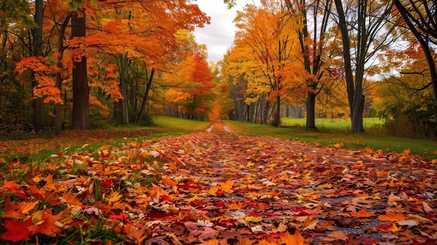 A beautiful autumn scene with vibrant leaves resembling an Indian summer