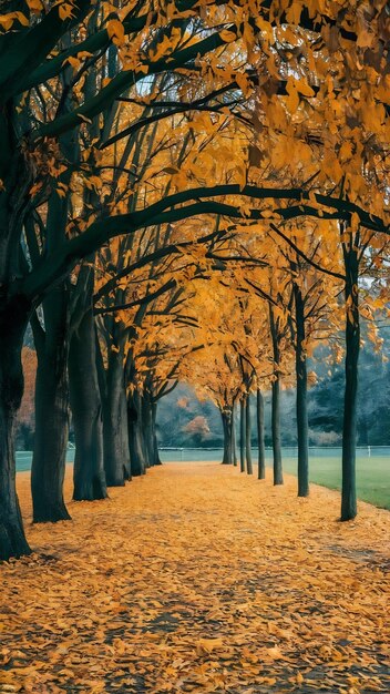 beautiful autumn scenery in the park with the yellow leaves fallen on the ground