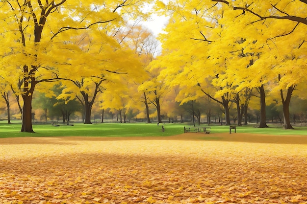 黄色の葉が地面に落ちた公園の美しい秋の風景