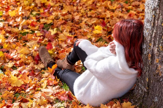 Beautiful autumn scenery with a young woman sitting on the ground leaned on a tree trunk and enjoying the warm sunlight