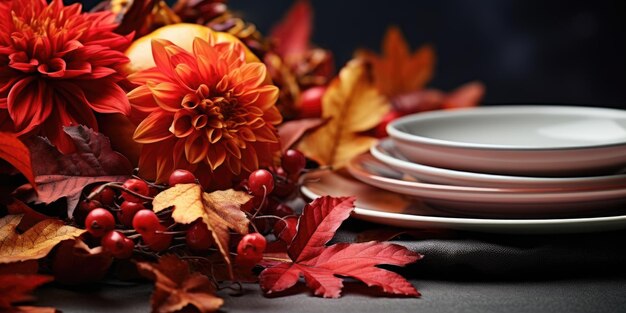 Beautiful autumn table setting theme Halloween autumn High quality photo Generative AI