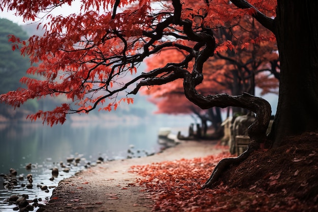 beautiful autumn trees with vibrant colors on river bank