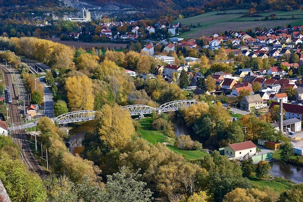 Beautiful autumn view of a small town from a bird's eye view