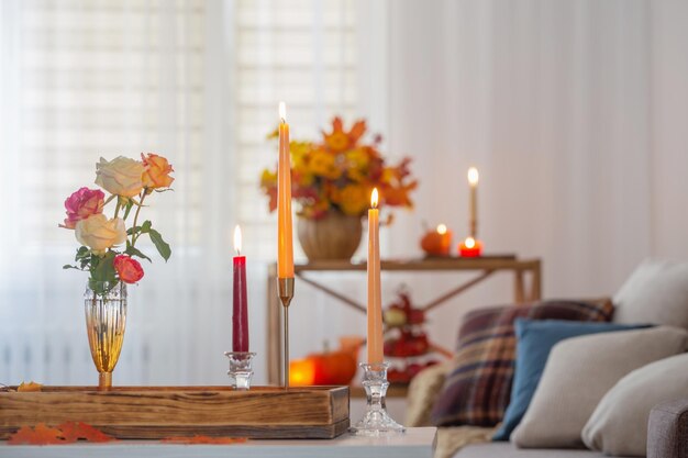 Beautiful autumnal decor in home white interior