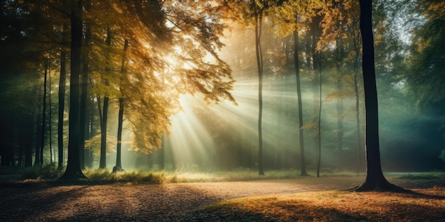 Beautiful autumnal forest into the morning light