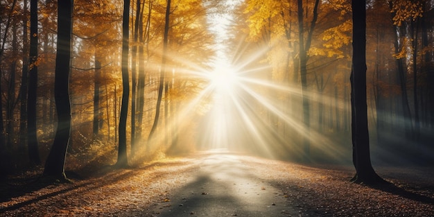 Beautiful autumnal forest into the morning light