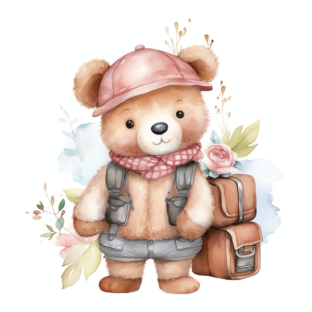 Photo beautiful baby adventurer teddy teddy bear watercolor clipart illustration