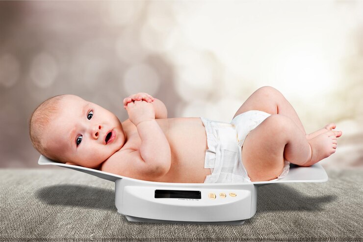 Weighing newborn baby