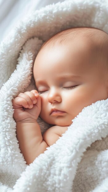 Beautiful baby sleeps on the bed in white warm sheets