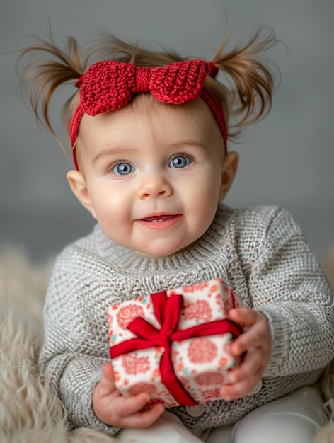 Beautiful baby with a gift in her hands