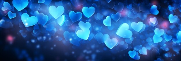 Beautiful background banner with blue hearts lights sparkles and bokeh valentines day panoramic web