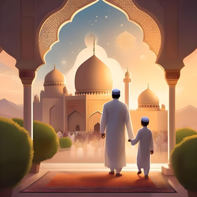 Photo a beautiful background of a father and childern celebrating eid together eid background