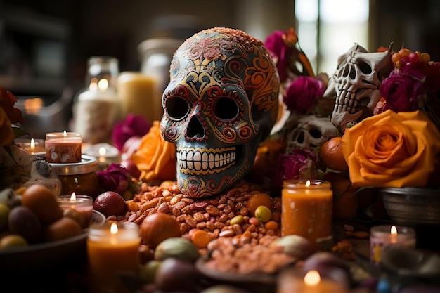 Beautiful background festive day of the dead amber and black ambiance selective focus old world