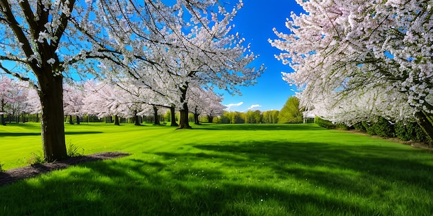 나무로 둘러싸인 깔끔하게 손질된 잔디밭을 갖춘 봄 자연의 아름다운 배경 이미지