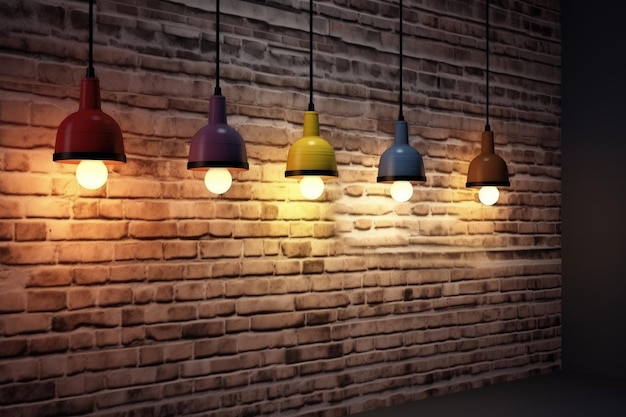 Beautiful background of loft style interior with brick wallwooden ceiling and black ceiling lamp spot light for placing product or highlight item with brick wall background shop decor loft style