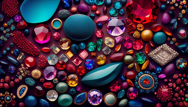 Photo beautiful background made of colorful fantastic gemstones and luxurious jewelry generative ai