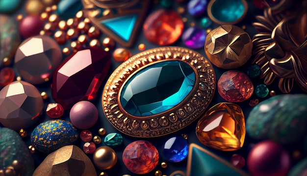カラフルな幻想的な宝石と豪華な宝石の宝物のコンセプトで作られた美しい背景