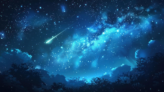 Photo beautiful background of a night starry dark blue sky with a meteorite flying in it