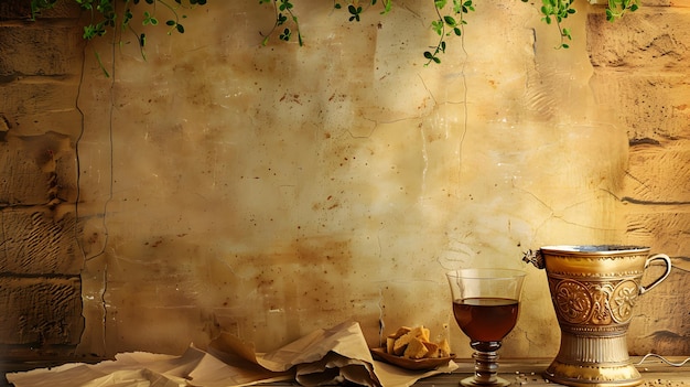 Beautiful background on the theme of Passover with matzo and wine AI Generated