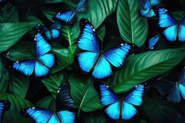 Beautiful background of tropical blue butterflies