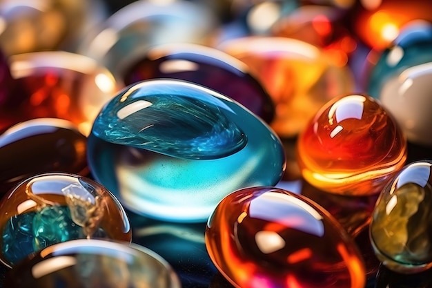 Beautiful background with multicolored glass spheres and polished stones