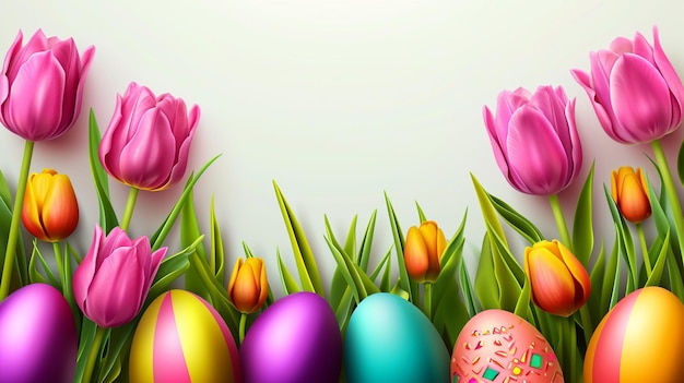 Beautiful background with realistic colored Easter eggs and tulips Generative Ai