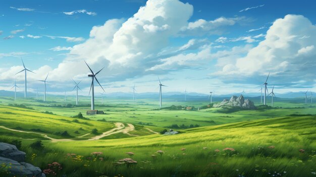 Beautiful background with windmills in a green field