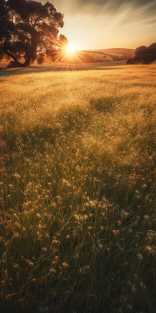 Photo beautiful backlit field at sunset ai generated