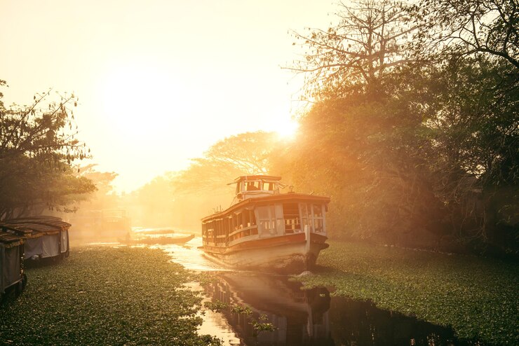 Beautiful backwaters landscape in Alleppey city with local boat