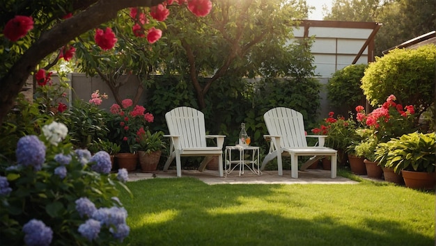 beautiful backyard garden with flowers and garden chairs
