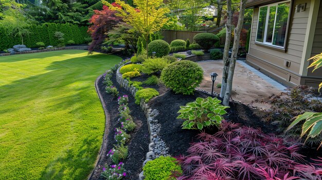 Photo a beautiful backyard with a large lawn flower beds and a patio the flower beds are full of colorful flowers and the lawn is wellmanicured