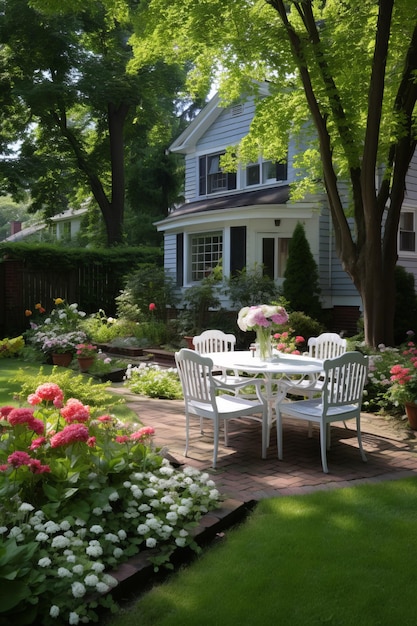 A beautiful backyard with a table and chairs surrounded by flowers