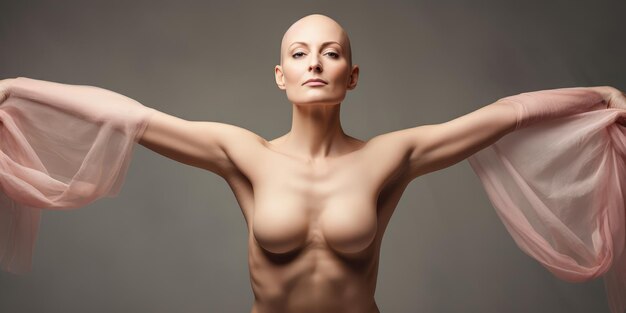 Beautiful bald woman fighting breast cancer powerful woman and clasps her arms like a survivor