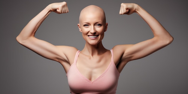 Beautiful bald woman fighting breast cancer powerful woman and clasps her arms like a survivor