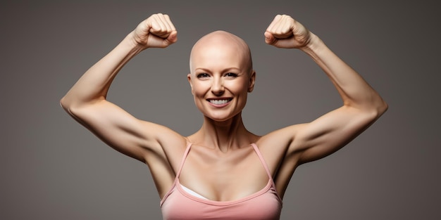 Beautiful bald woman fighting breast cancer powerful woman and clasps her arms like a survivor