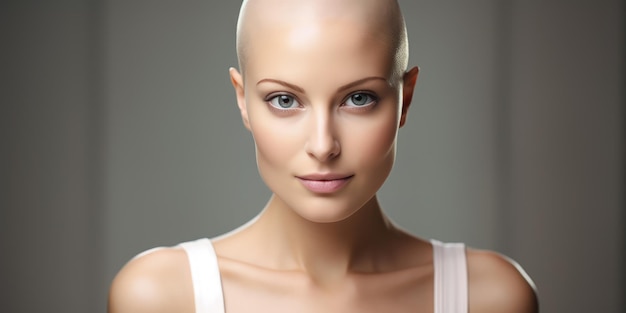 A beautiful bald woman undergoing chemotherapy in the prevention and treatment of breast cancer