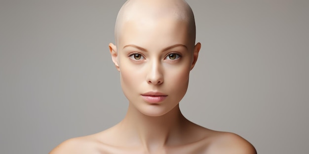 유방암 예방 및 치료를 위해 화학요법을 받고 있는 아름다운 대머리 여성