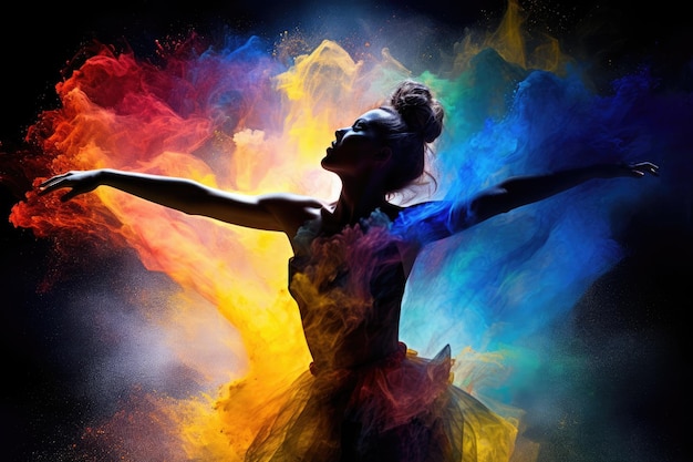 Beautiful ballerina dancing in colorful smoke on black background Generated AI