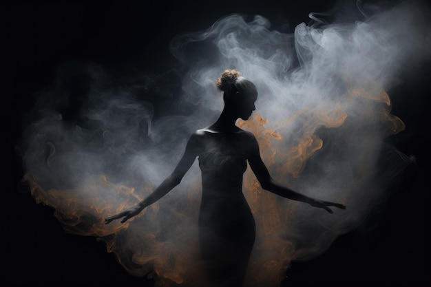 Фото Красивая балерина танцует в студии в магнитном порошке и дыму генерируется ai