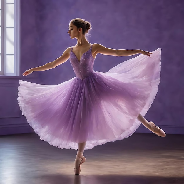 The beautiful ballerina dancing in long lilac dress on lilac background Premium AI generated image