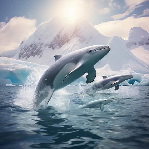 얼음처럼 푸른 빙산 속에서 벨루가 고래의 아름다운 발레 공연