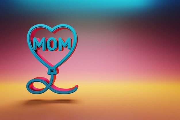 Beautiful ballon heart with word MOM symbol icons on multicolor bright background 3d rendering illu