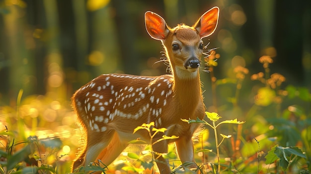 Beautiful Bambi the spotted deer strolls in the forest in search of sunbeams