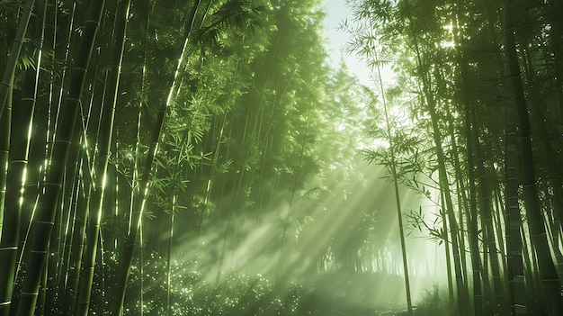 A beautiful bamboo forest with a path leading through it The sun is shining through the trees creating a dappled pattern on the ground