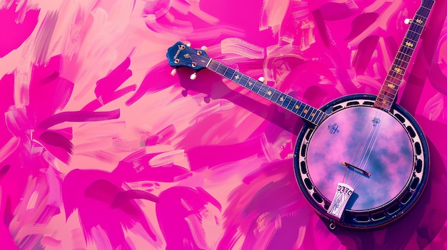 Foto un bellissimo banjo si trova su uno sfondo di consistenza rosa il banjo è nero e ha un risonatore d'argento lucido