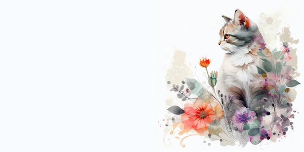 Beautiful banner with cat in flowers Generative AI