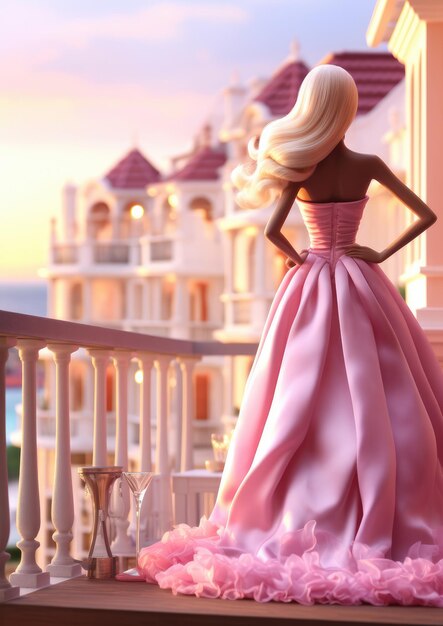 Foto bella barbie bionda principessa dei cartoni animati in abito prima dell'hotel generative ai