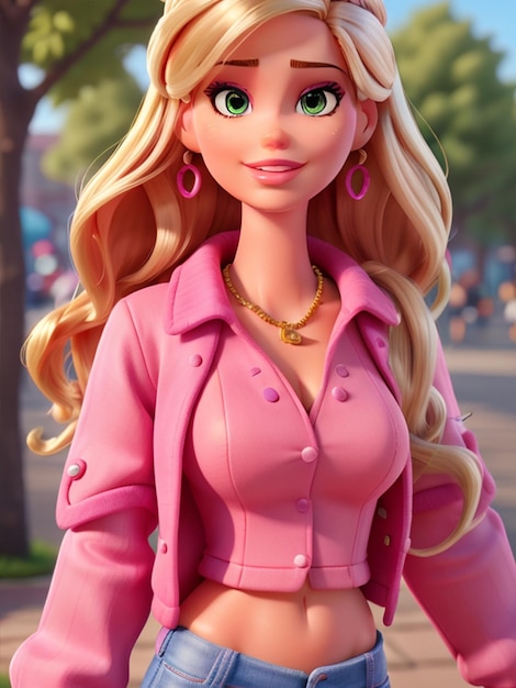 beautiful barbie doll girl in pink with trendy outfit