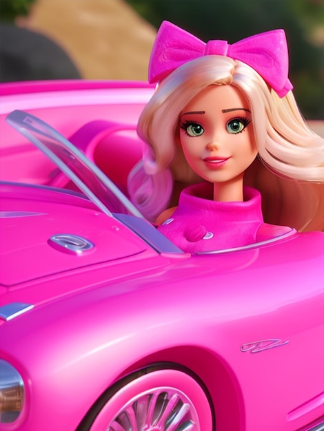 Foto bellissima bambola barbie su un'auto rosa