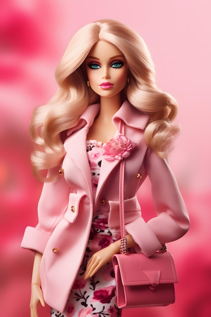 Beautiful barbie doll wearing a pink suit is ready to go on holiday